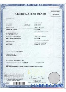 Blank USA New Jersey certificate of death real example